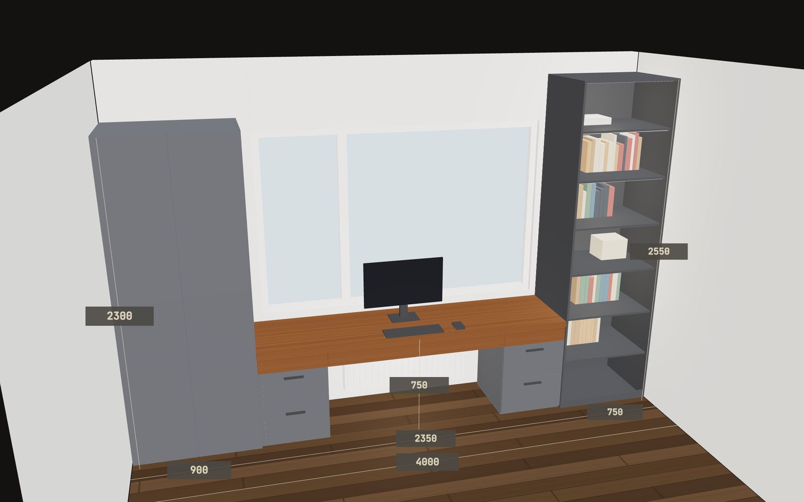 Кадр 3D-проекта кабинета: графитовый шкаф, стол-подоконник из дуба и стеллаж у окна, размеры