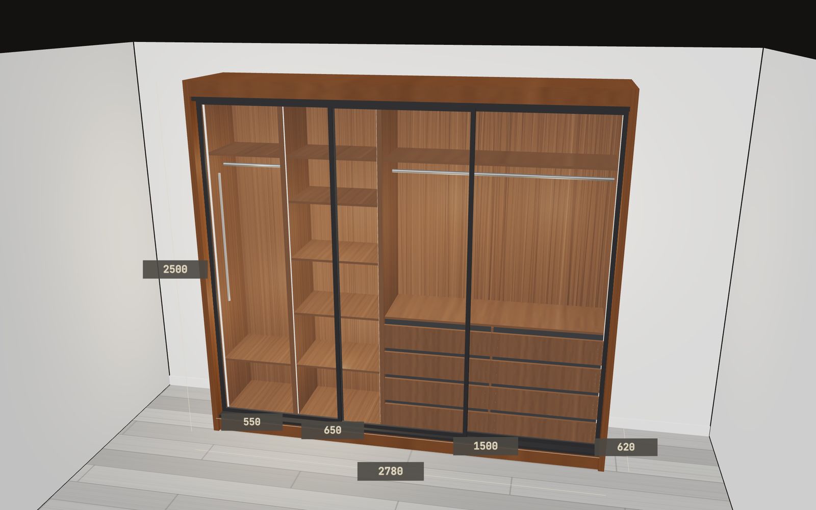 Кадр 3D-проекта шкафа-купе: корпус из ореха, три стеклянные двери в чёрном профиле, наполнение и размеры